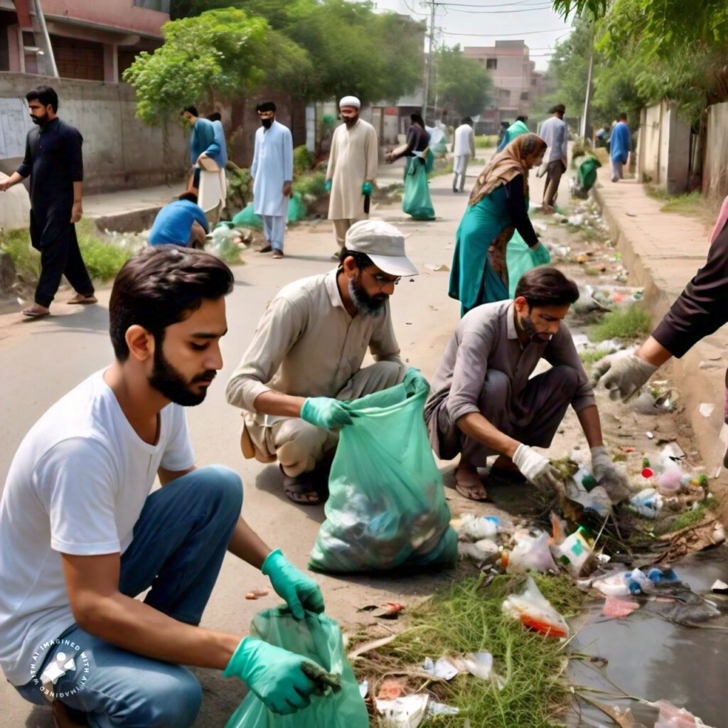 A picture of a community-led clean-up initiative in a Pakistani neighborhood