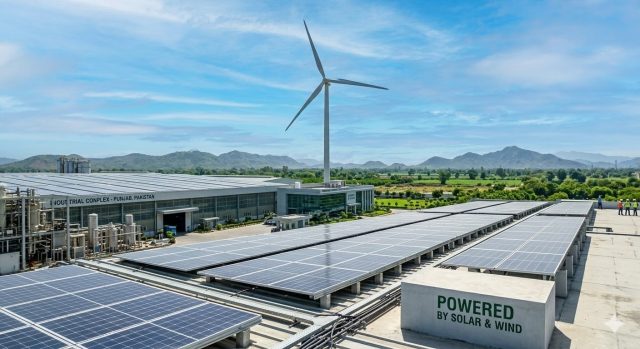  Industrial solar panels and wind turbines providing clean, renewable energy to Pakistani manufacturing plants.